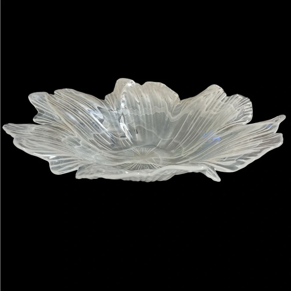 Large Clear Frosted Art Glass Flower Bowl 15” Floral Fluted Scalloped Centerpiec